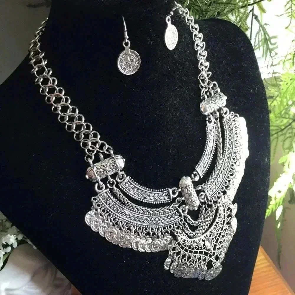 Boho Silver Coin Bib Necklace and Earring Set Tribal Statement Jewelry